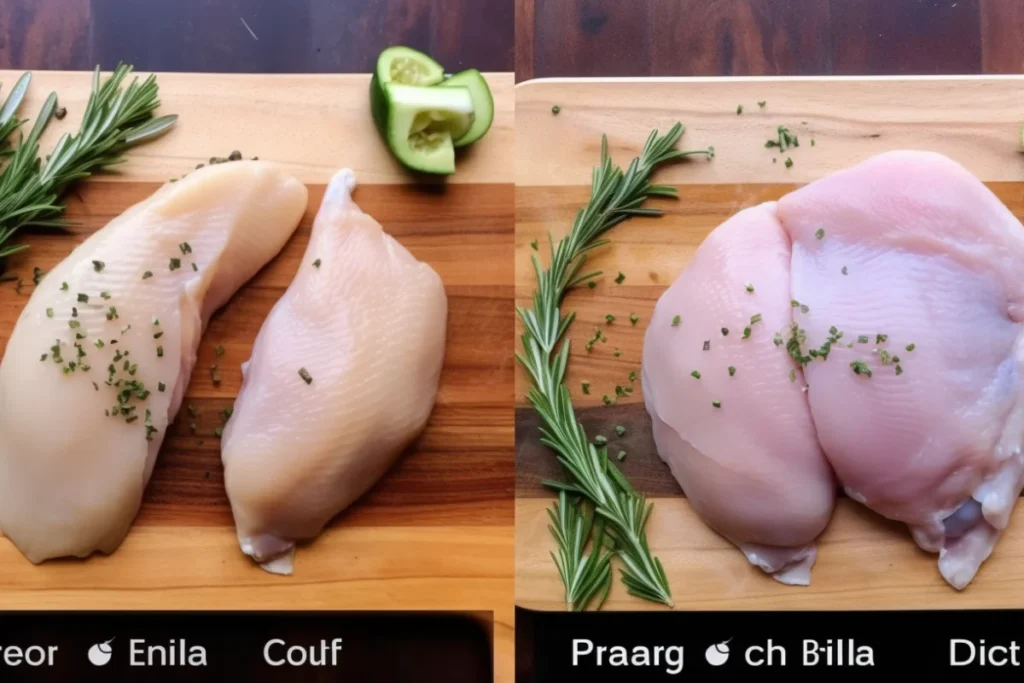 Comparison of raw chicken breast and thigh with labeled text on a cutting board, garnished with herbs.