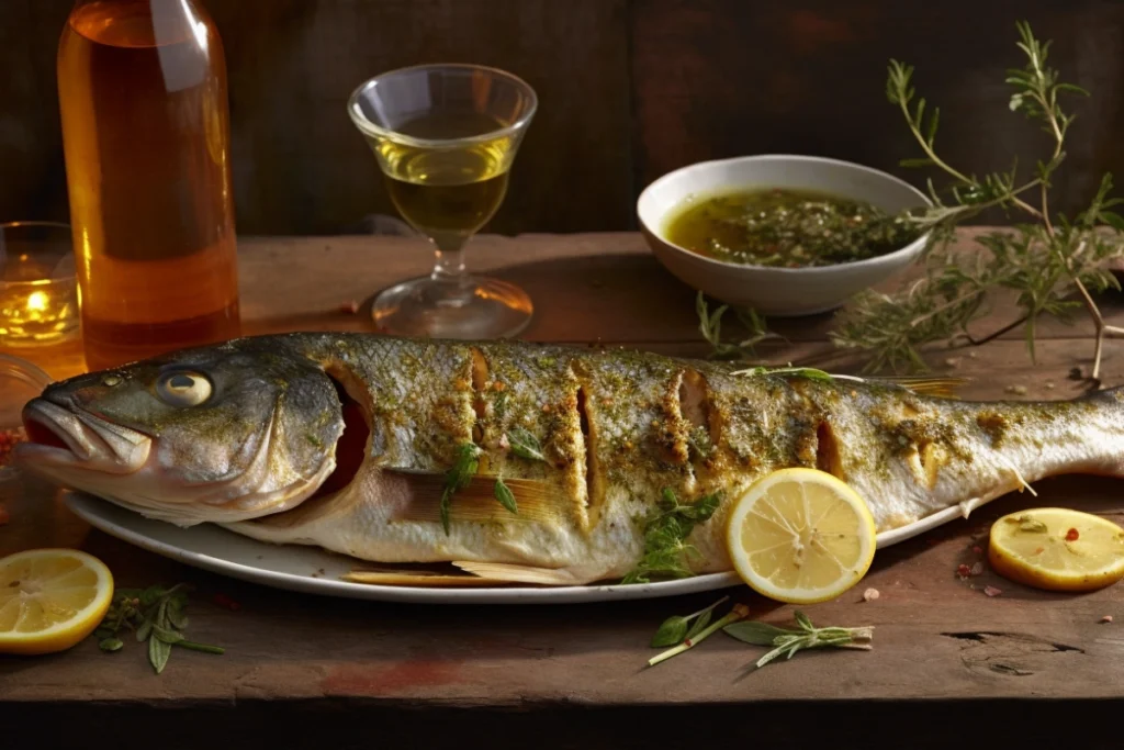 A whole branzino fish garnished with lemon and herbs on a rustic wooden table, Mediterranean-style.