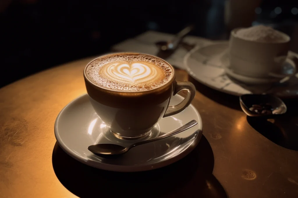 A cup of almond-flavored cappuccino with a bottle of almond essence on a saucer.