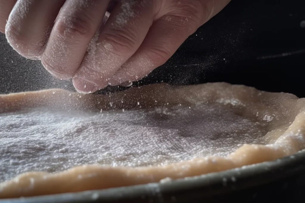 Hands drizzling vinegar into pie dough on a floured surface, highlighting the process of making tender pie crust.