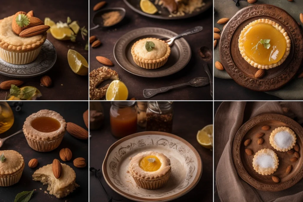 A selection of international desserts featuring almond essence, including amaretti, baklava, and almond tarts.