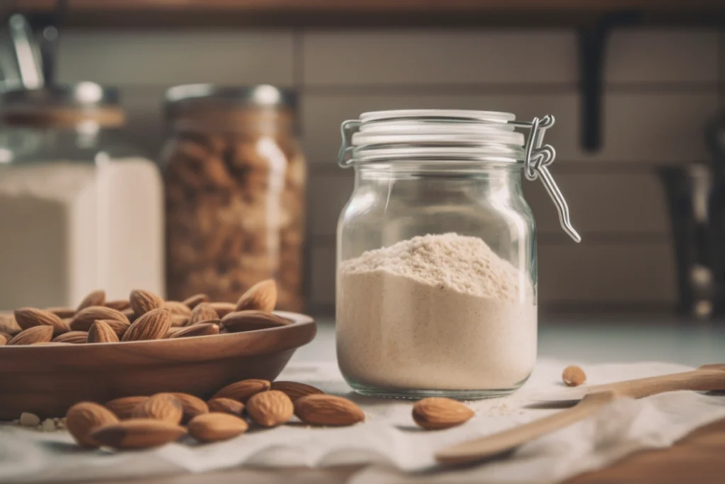 Almond flour in a jar with almonds and baking tools on a rustic countertop.