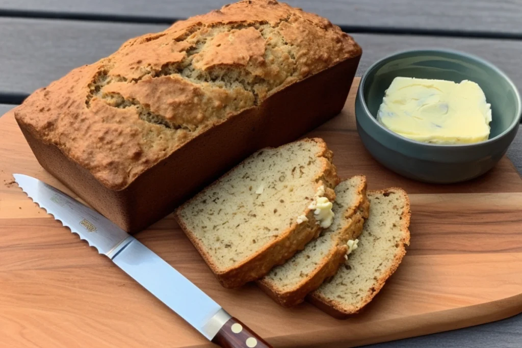 Freshly baked almond flour bread with slices and butter on a wooden cutting board.