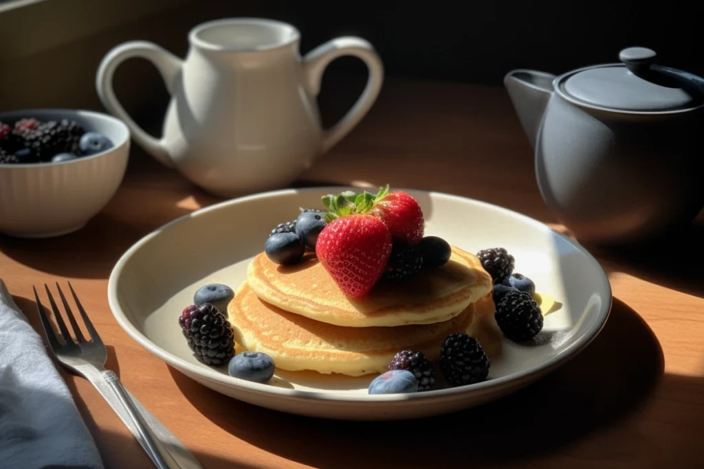 Almond flour pancakes topped with berries, syrup, and butter on a plate.