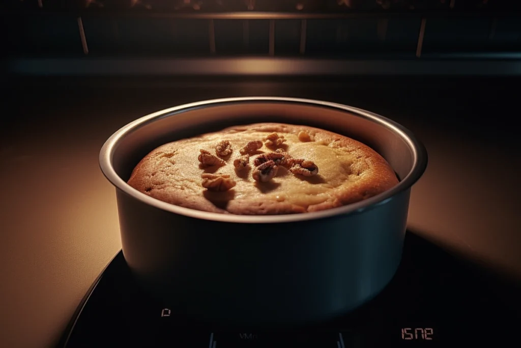 An almond nut cake baking inside an oven, batter rising in a round cake tin.