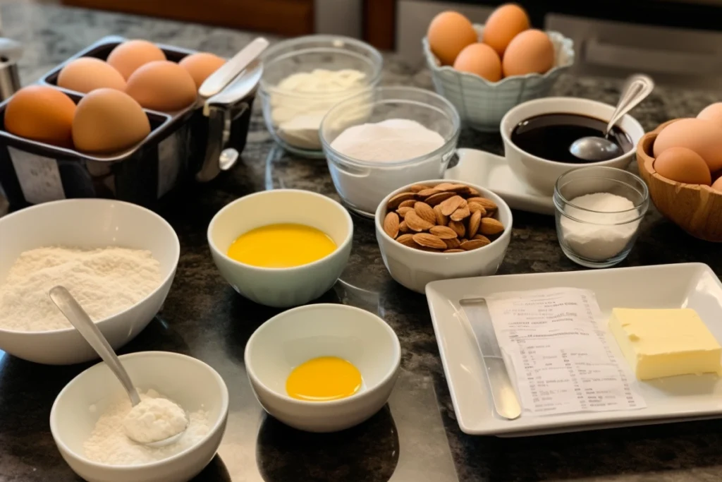 Pre-measured almond nut cake ingredients arranged on a kitchen counter with a recipe card.