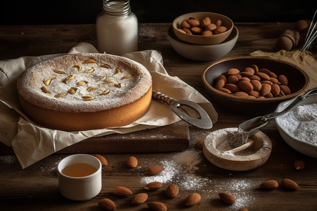 A golden almond nut cake topped with sliced almonds and powdered sugar, surrounded by baking tools on a rustic wooden table.