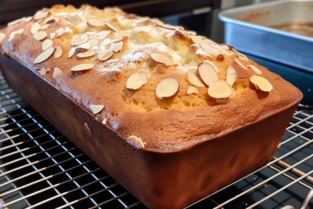 Freshly baked almond-vanilla pound cake topped with sliced almonds and powdered sugar.