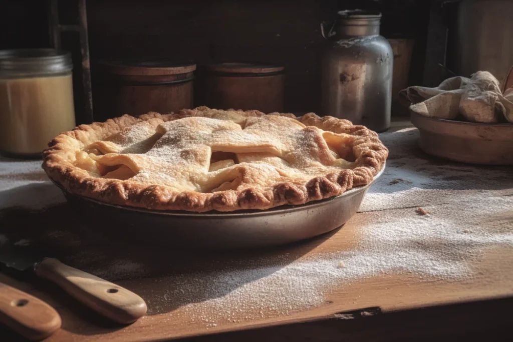 Golden apple pie with a flaky Crisco crust on a wooden table.