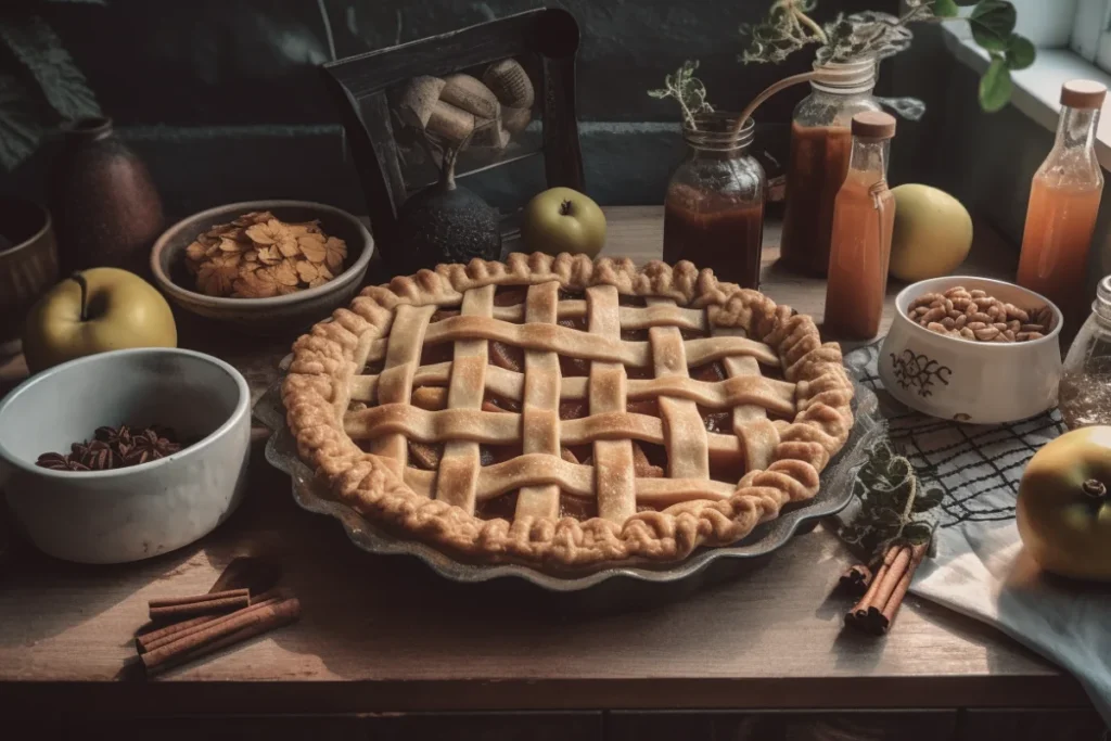 A lattice-topped apple pie on a rustic plate, surrounded by bowls of vinegar options and pie-making ingredients.