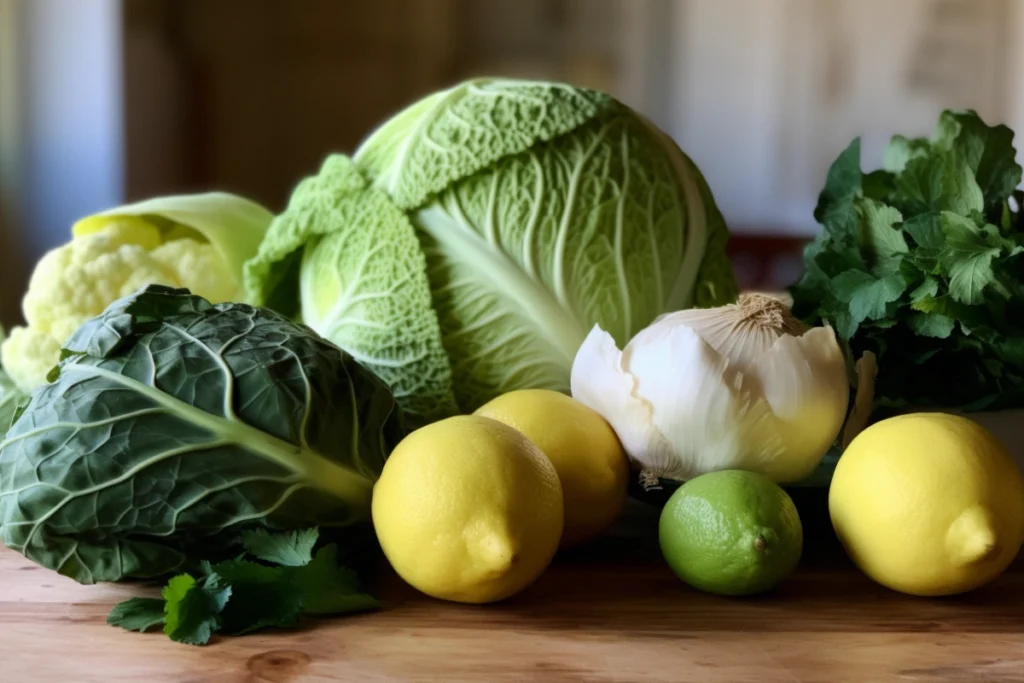 An assortment of green, red, and Savoy cabbage on a wooden counter with cooking ingredients.