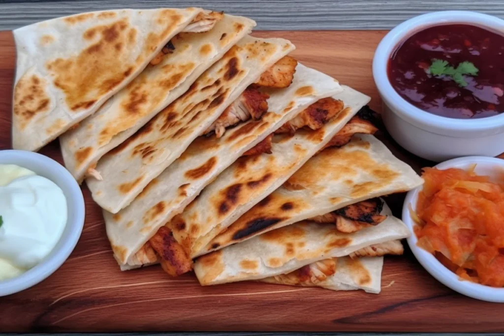 BBQ chicken quesadillas with shredded rotisserie chicken, melted cheese, and BBQ sauce, served with salsa and sour cream.