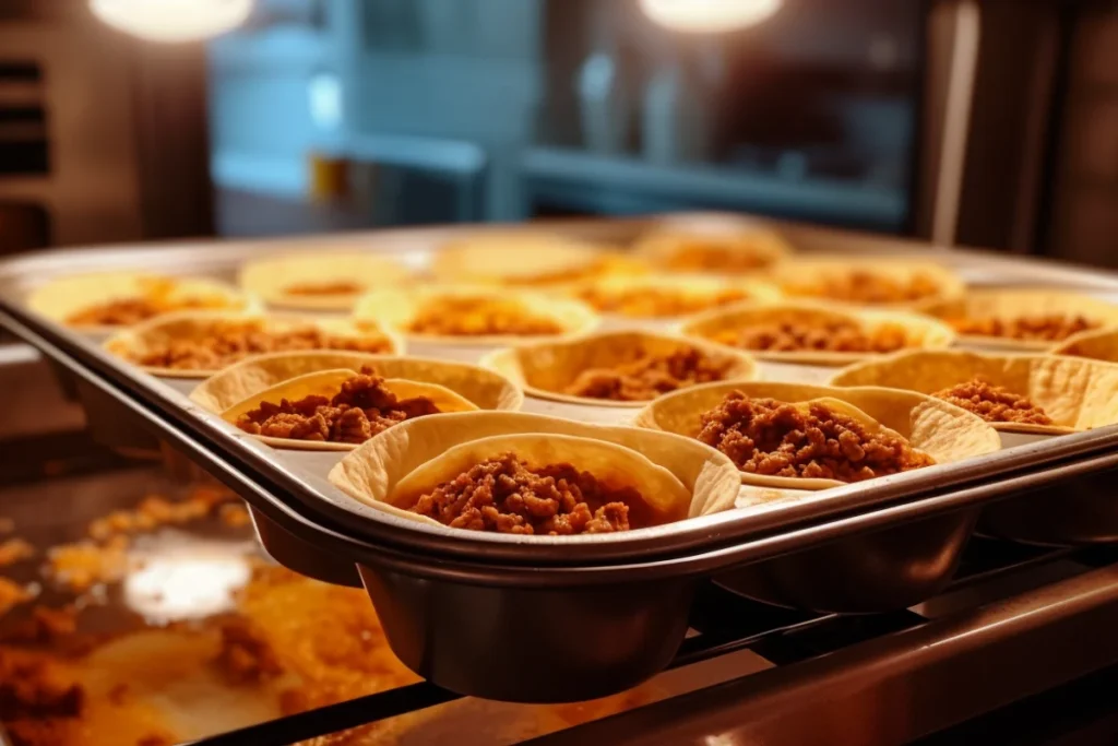 Taco bowls baking in the oven, showing tortillas crisping in molds on a tray.