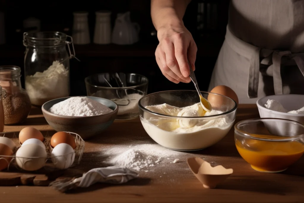 Baker's hands whisking cake batter with vanilla and almond extracts and other ingredients nearby.