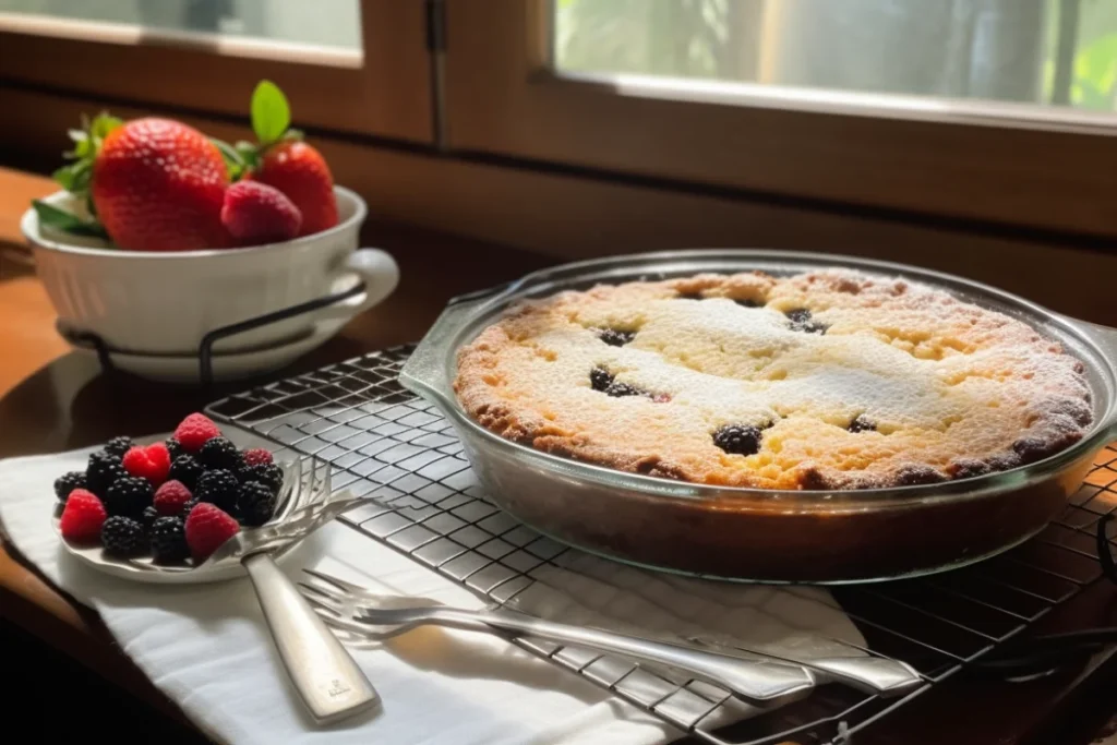 A freshly baked dump cake topped with powdered sugar and fruits, placed on a cooling rack with serving plates nearby.