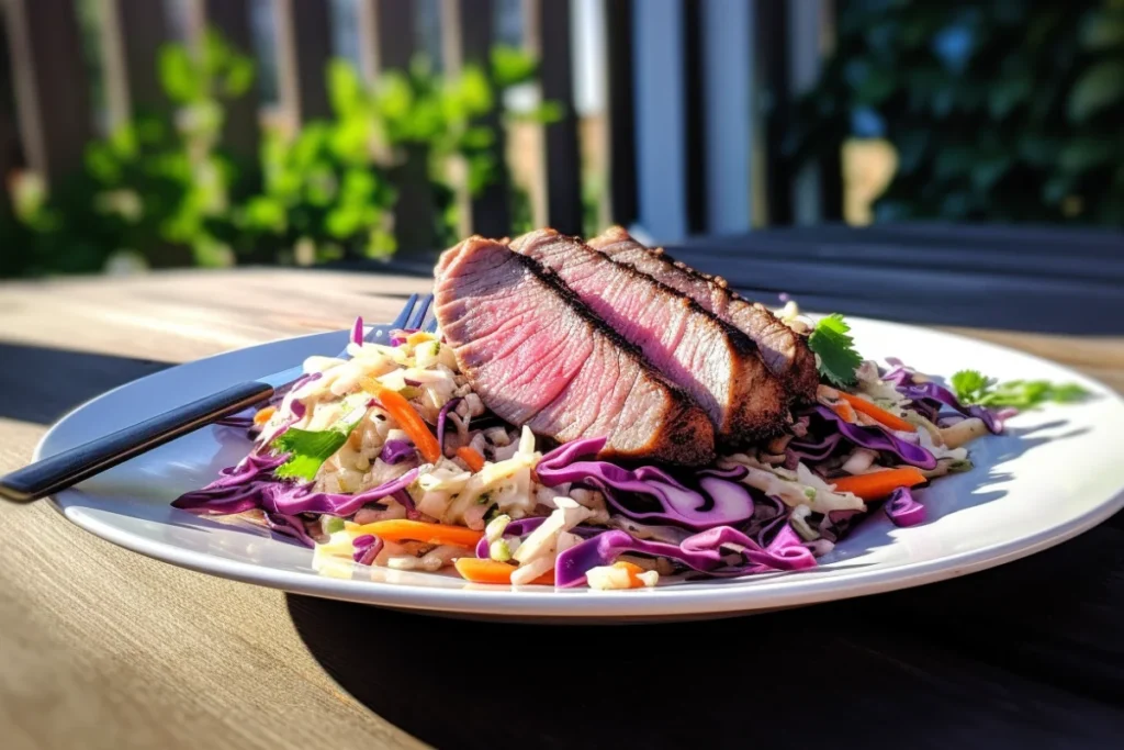 A plate of lean beef slices and fresh cabbage salad, garnished with parsley, on a wooden table