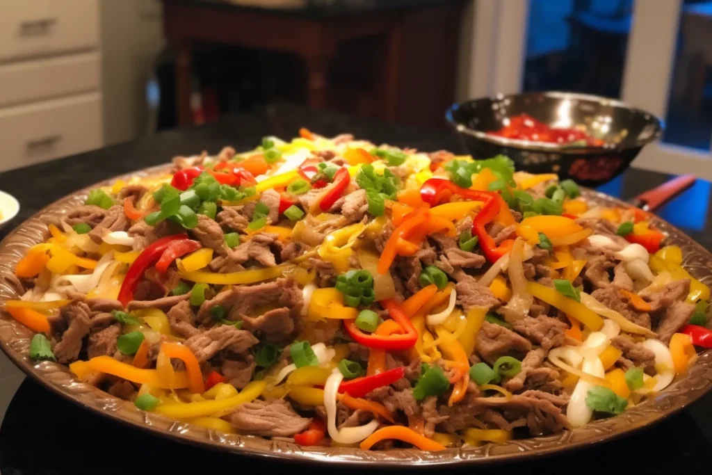 A steaming bowl of beef and cabbage stir-fry with bell peppers, served in a black dish.