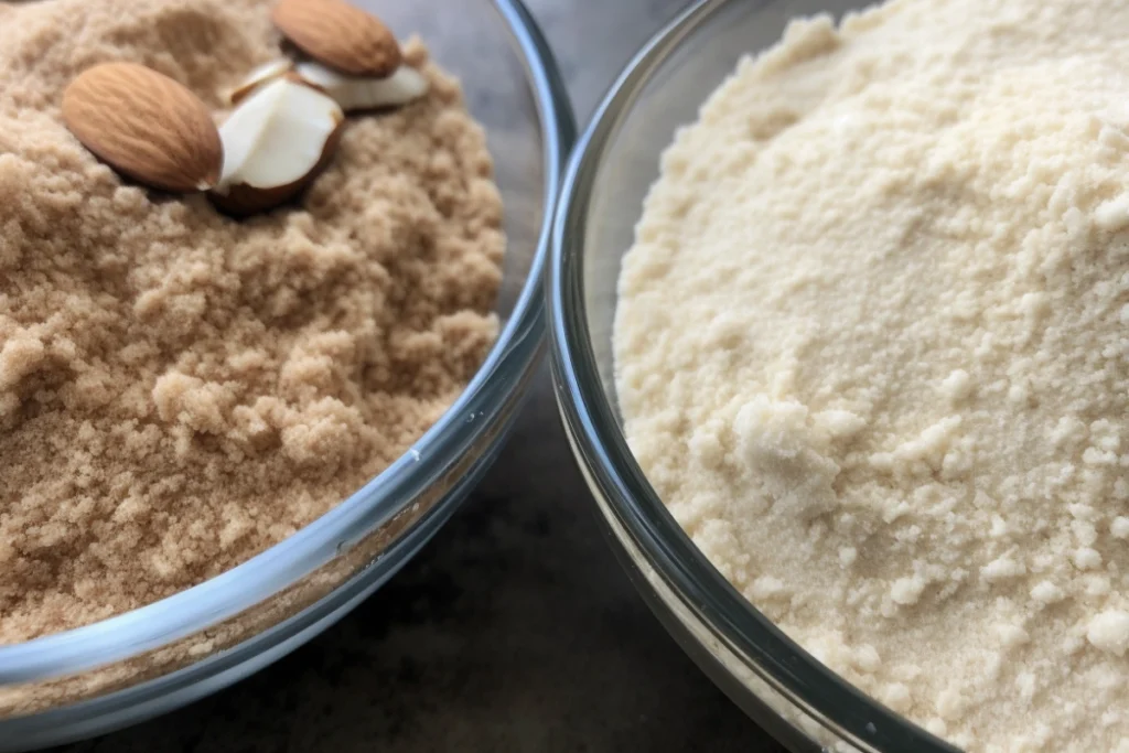 Blanched almond flour and unblanched almond meal in bowls with raw almonds.