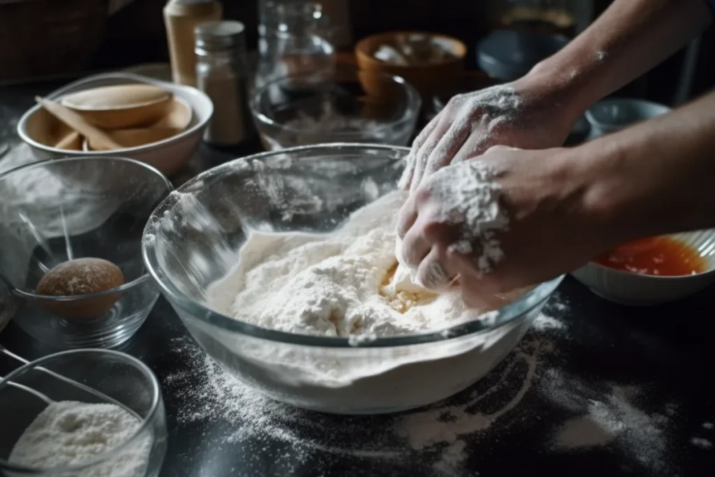 Baker using a pastry cutter to blend Crisco into flour.