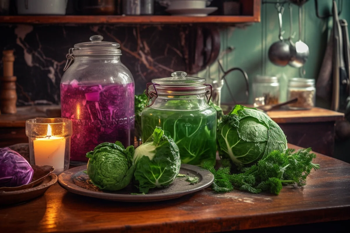 Steaming pot of boiled cabbage with vibrant cabbage halves and vinegar on a rustic kitchen table.