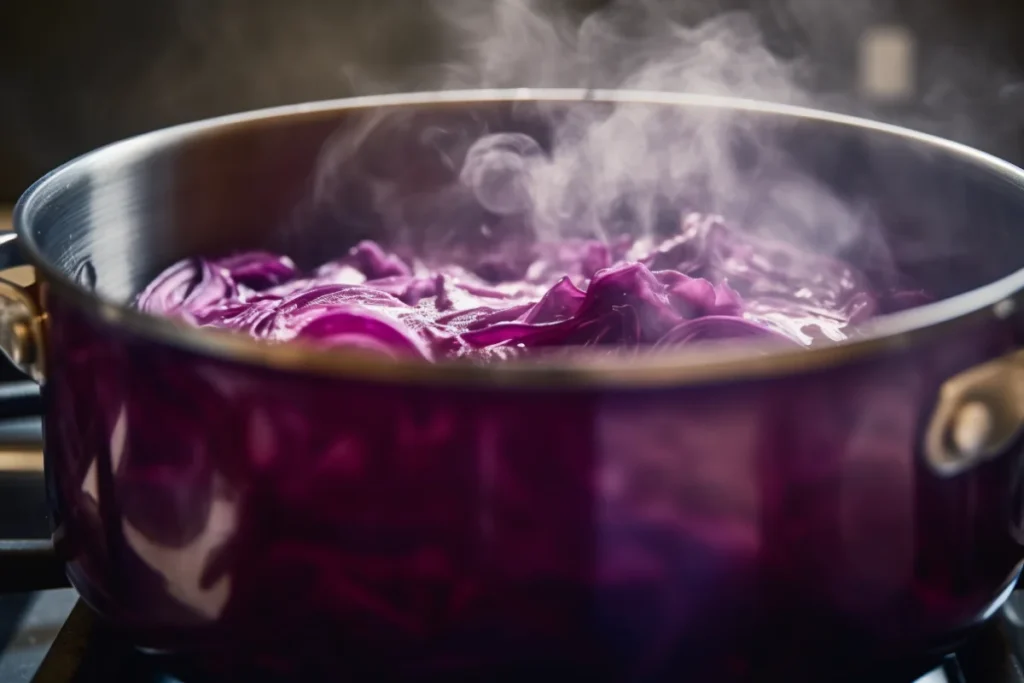 Boiling red cabbage with vinegar creating vibrant purple and pink hues.