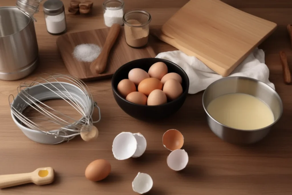 Box of pancake mix on a wooden counter with cooking ingredients and utensils.