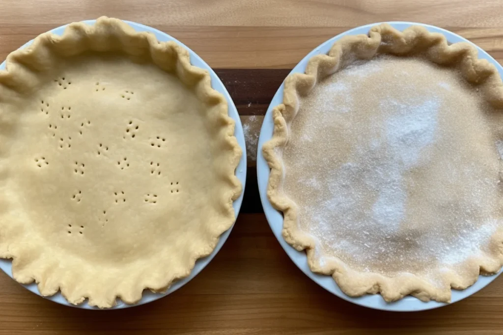 Two unbaked pie crusts on a wooden counter, showing textural differences between butter and Crisco.