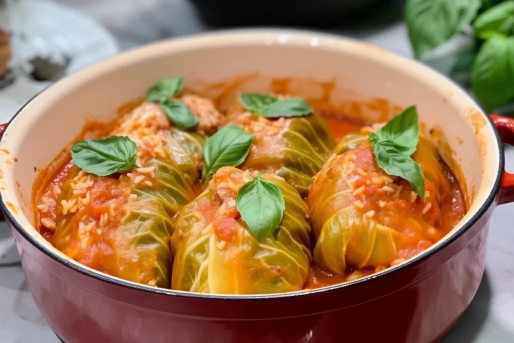 A pot of cabbage rolls stuffed with beef and rice, topped with tomato sauce, surrounded by fresh herbs.