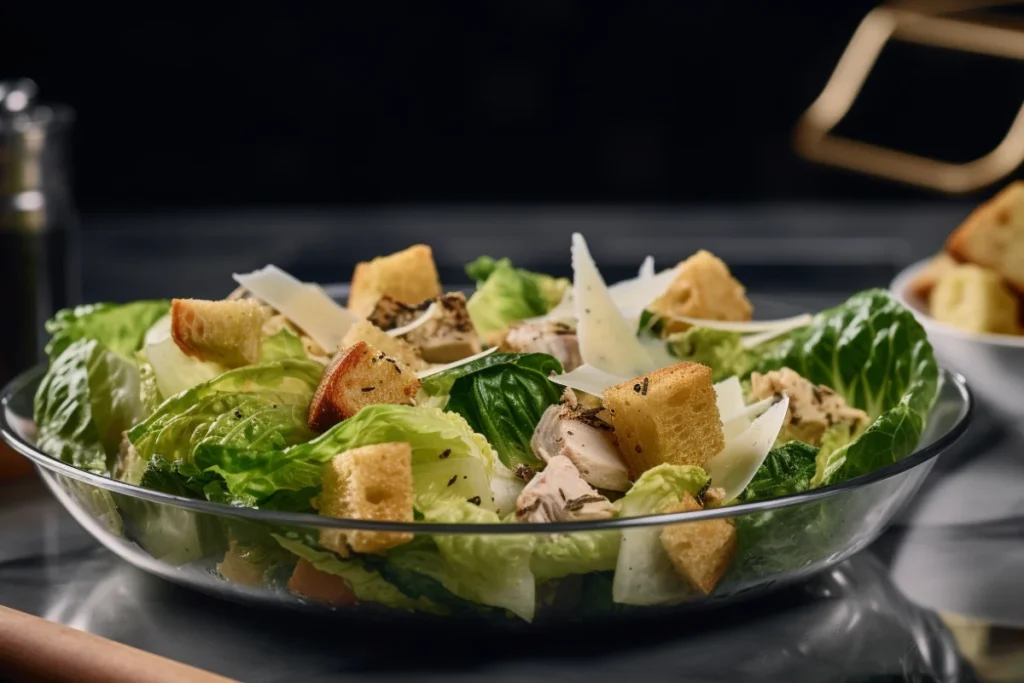 A vibrant chicken Caesar salad featuring shredded rotisserie chicken, crisp romaine, croutons, and Parmesan cheese.