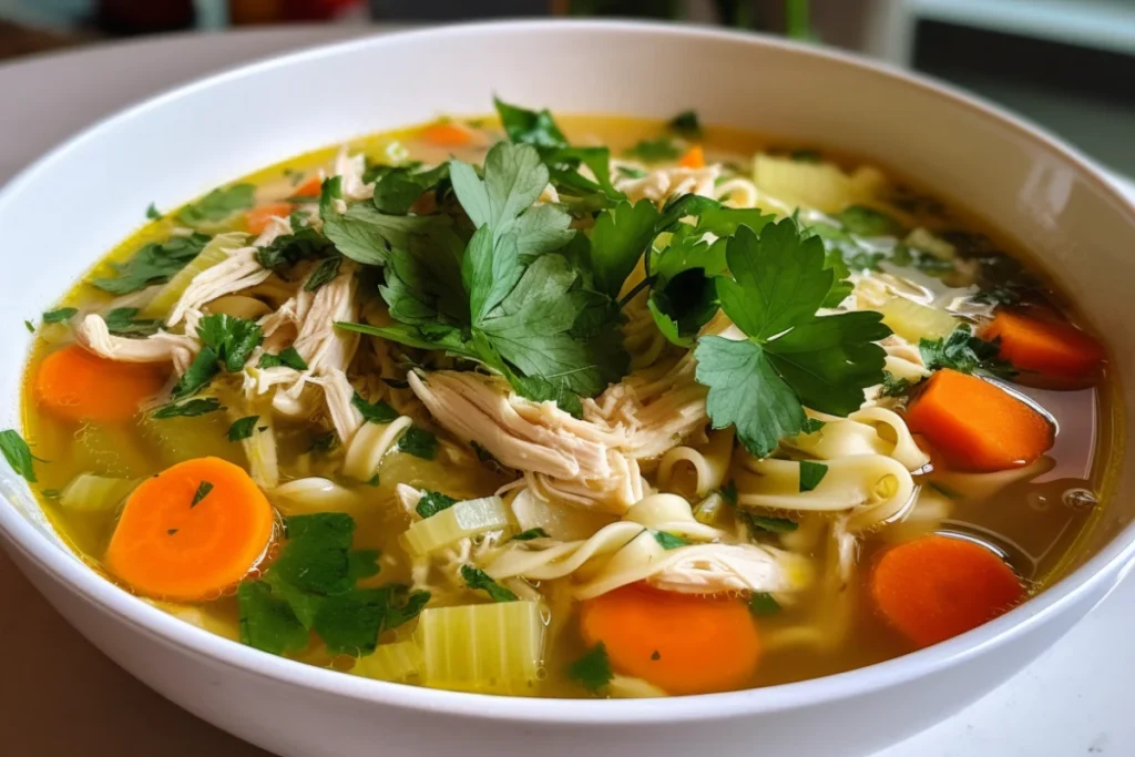 A steaming bowl of chicken noodle soup with shredded rotisserie chicken, carrots, celery, and parsley garnish.