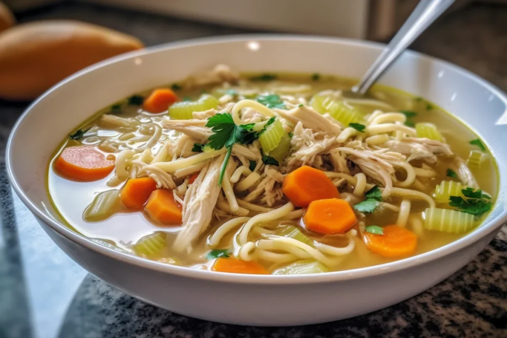 Hearty chicken noodle soup made with rotisserie chicken and fresh vegetables.