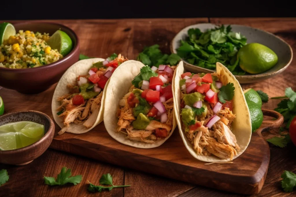 Chicken tacos with shredded rotisserie chicken and fresh toppings on a plate.