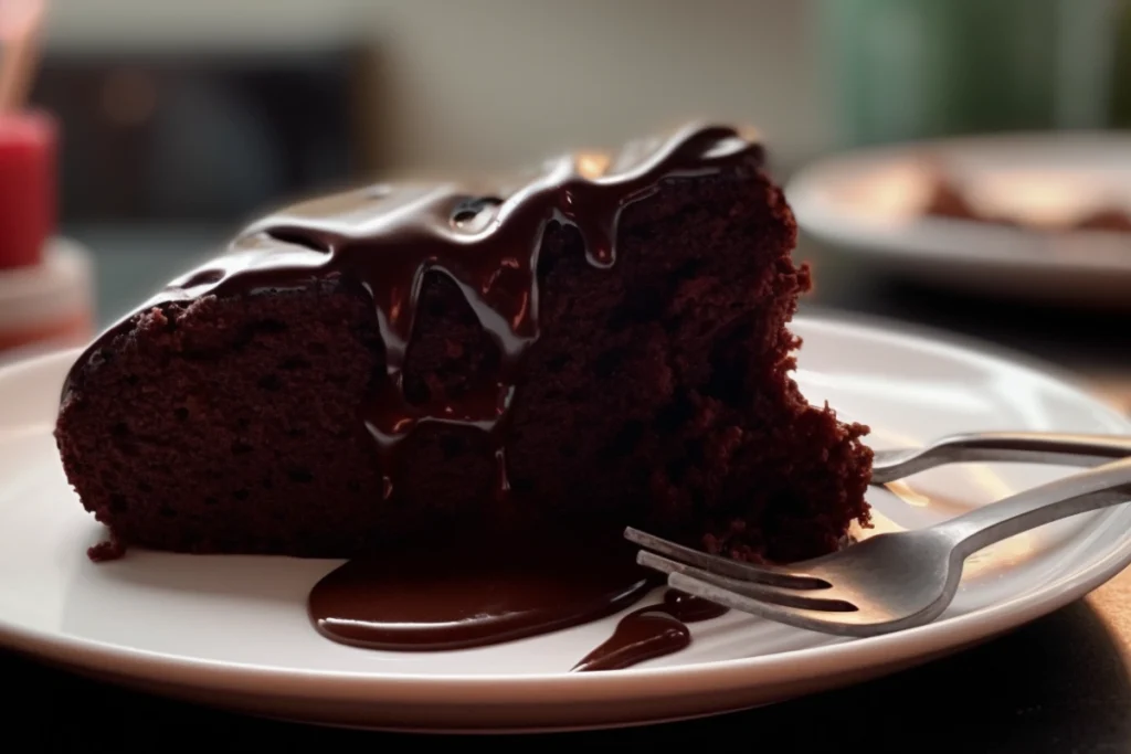 A slice of chocolate cake with a rich, velvety texture and dark chocolate glaze, served on a white plate.