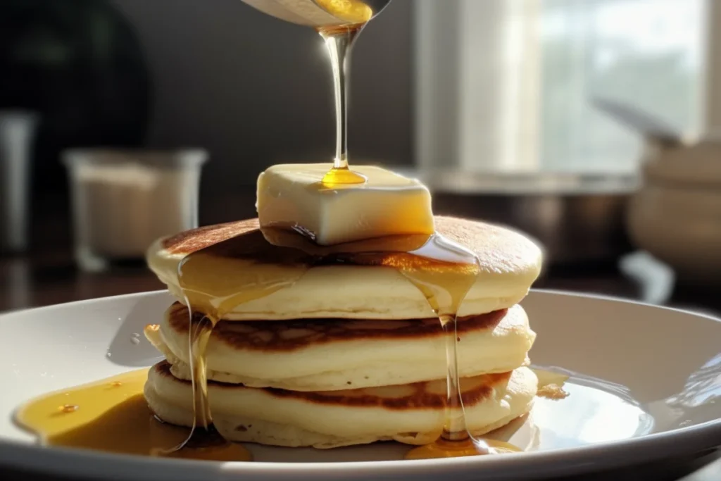 Fluffy pancakes in a stack topped with butter and maple syrup with a fork cutting through.