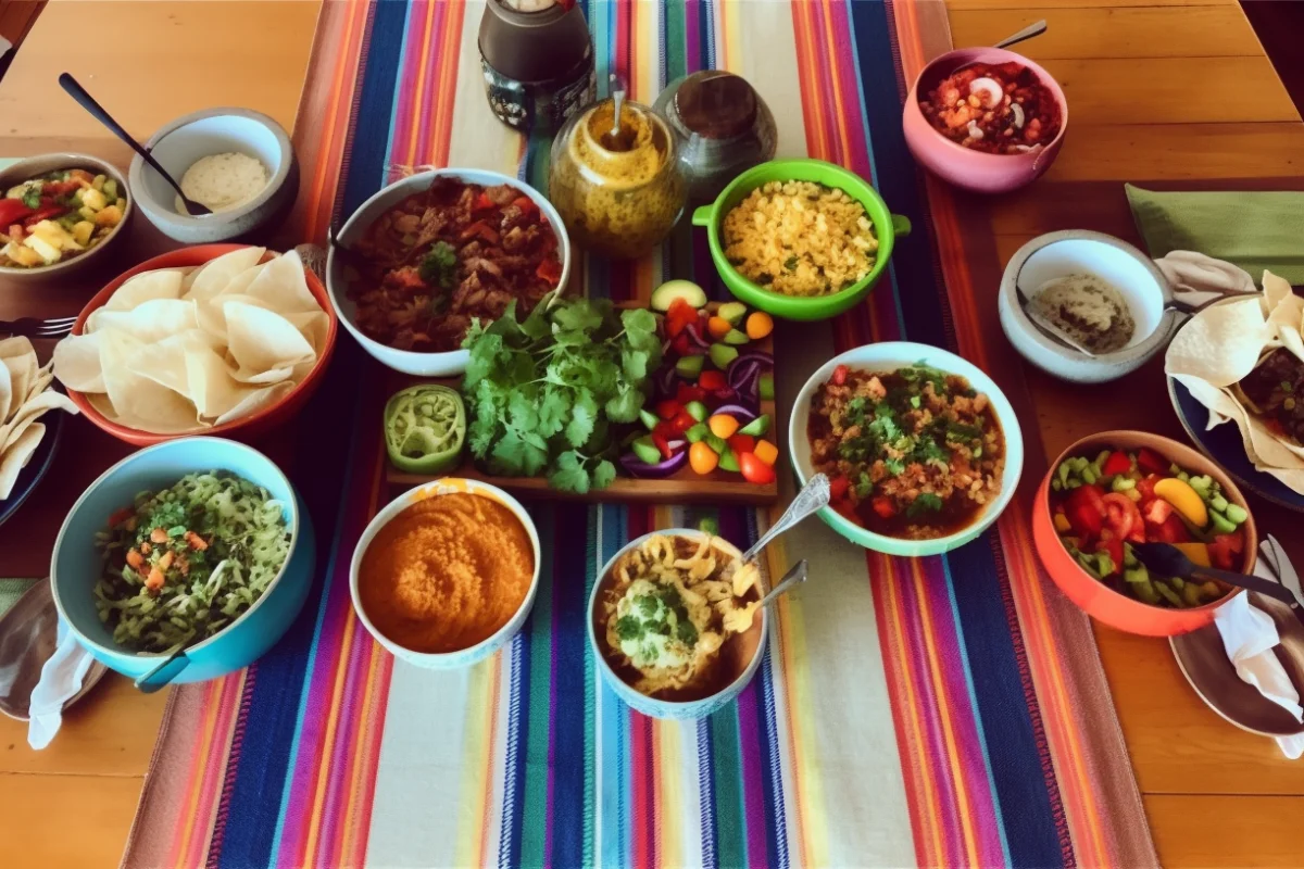 Overhead shot of taco bowls with colorful ingredients on a wooden table with Mexican side dishes and lime wedges.