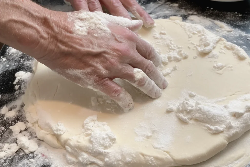 Cracked and uneven pie crust on a floured countertop, illustrating common mistakes during preparation.