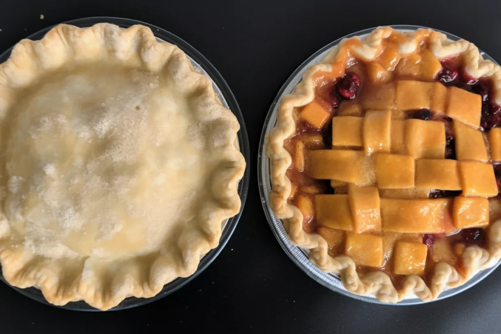 Three pie crusts compared: flaky and golden, tough and uneven, and overbrowned, highlighting the effects of vinegar in baking.