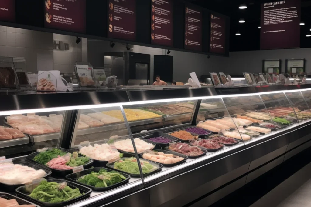 Costco deli section with rotisserie chickens and ready-to-eat meals emphasizing sustainability.