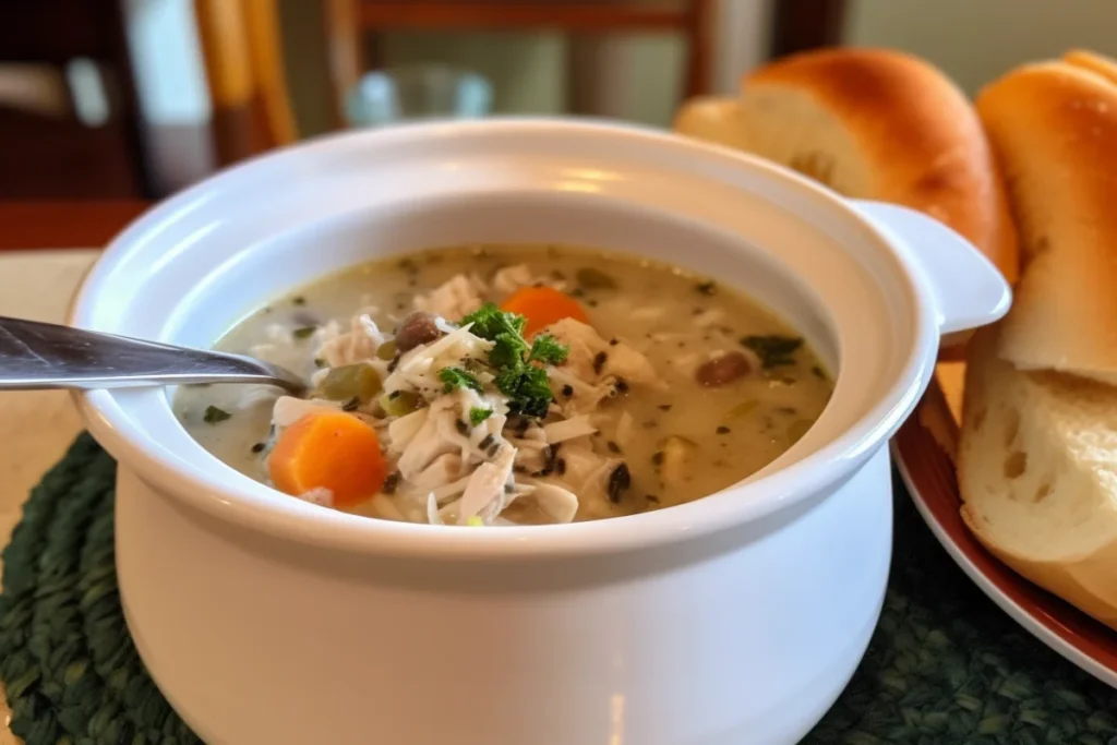 A bowl of creamy chicken and wild rice soup made with shredded rotisserie chicken, garnished with parsley, and served with bread rolls.