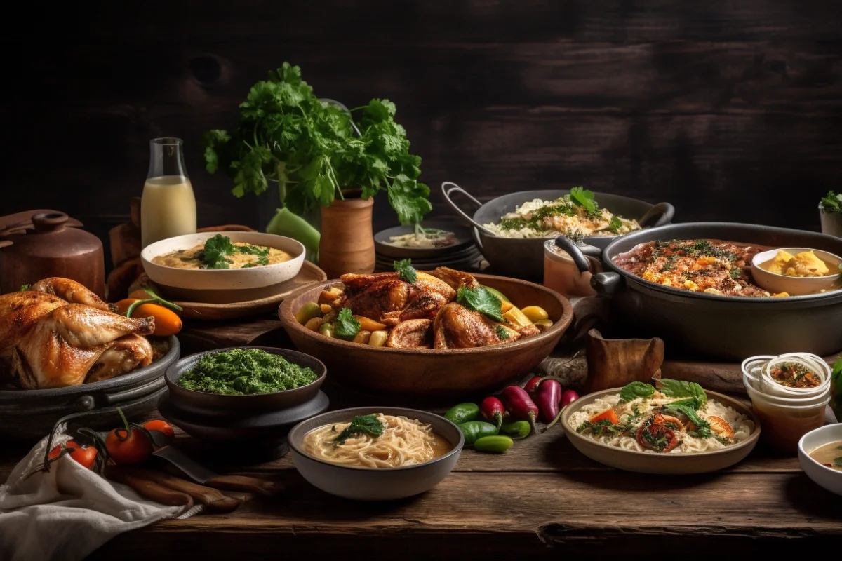 A delicious assortment of leftover rotisserie chicken dishes including soup, wraps, casseroles, and tacos on a rustic wooden table.