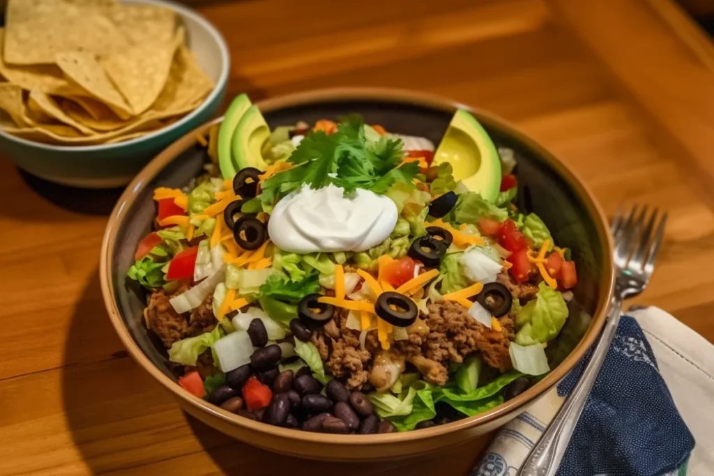 A fully loaded taco bowl filled with vibrant ingredients, served on a rustic wooden table.