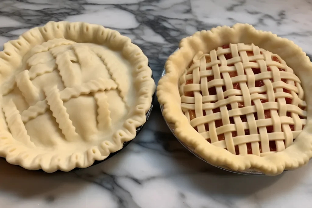 Three baked Crisco pie crusts: plain, crimped, and lattice top.