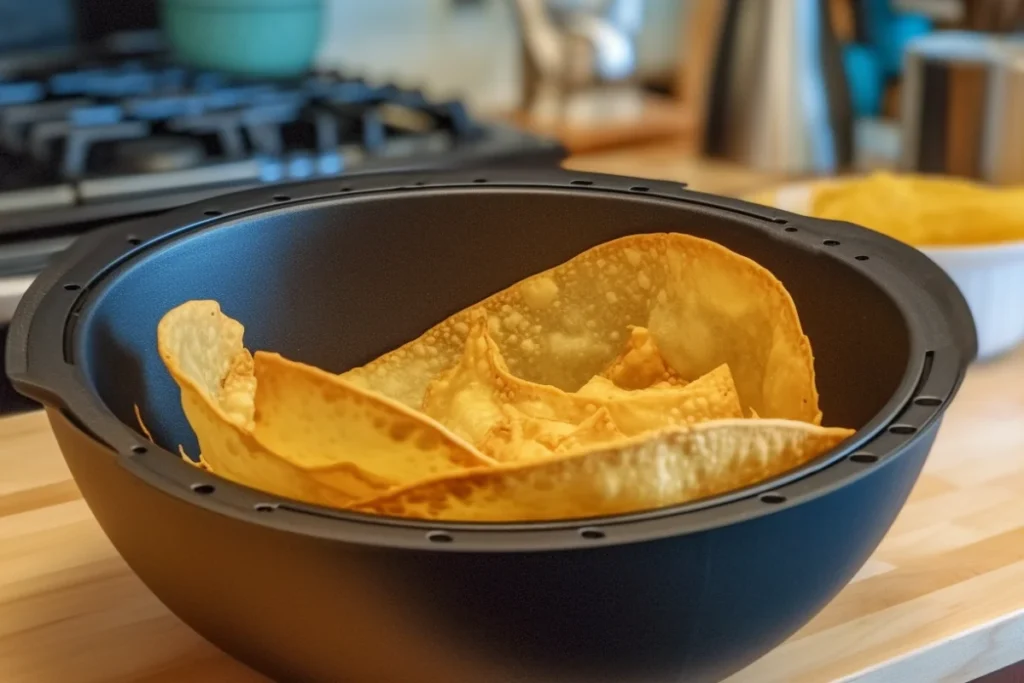 Taco bowl with crispy golden edges being reheated in an air fryer.