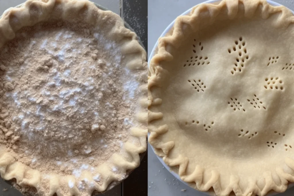 Split-screen showing a crumbling pie crust labeled "Too Dry" and a perfect flaky crust labeled "Perfect Texture.