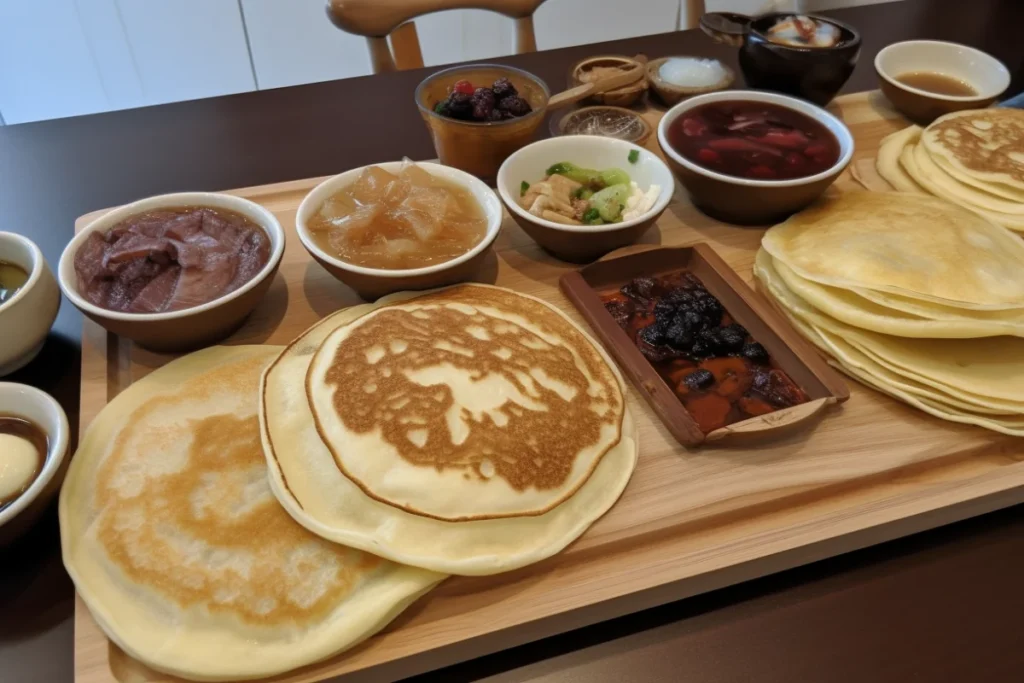 Different styles of pancakes and hotcakes from various cultures with unique toppings displayed on a rustic table.