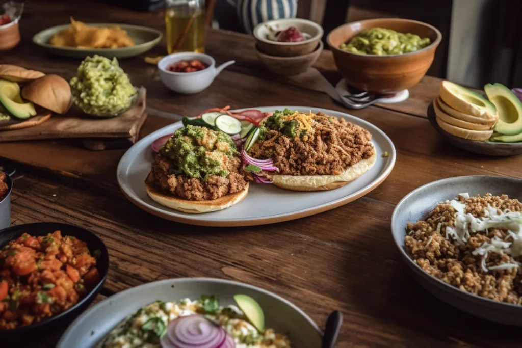 Dishes made with ground turkey and turkey sausage, including tacos, burgers, pasta, and breakfast skillet, on a wooden table.