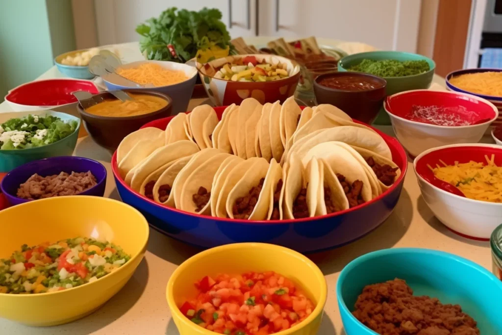 An assortment of dishes made with tortillas, including tacos, burritos, and a taco salad bowl, with a tortilla shaper in the background.