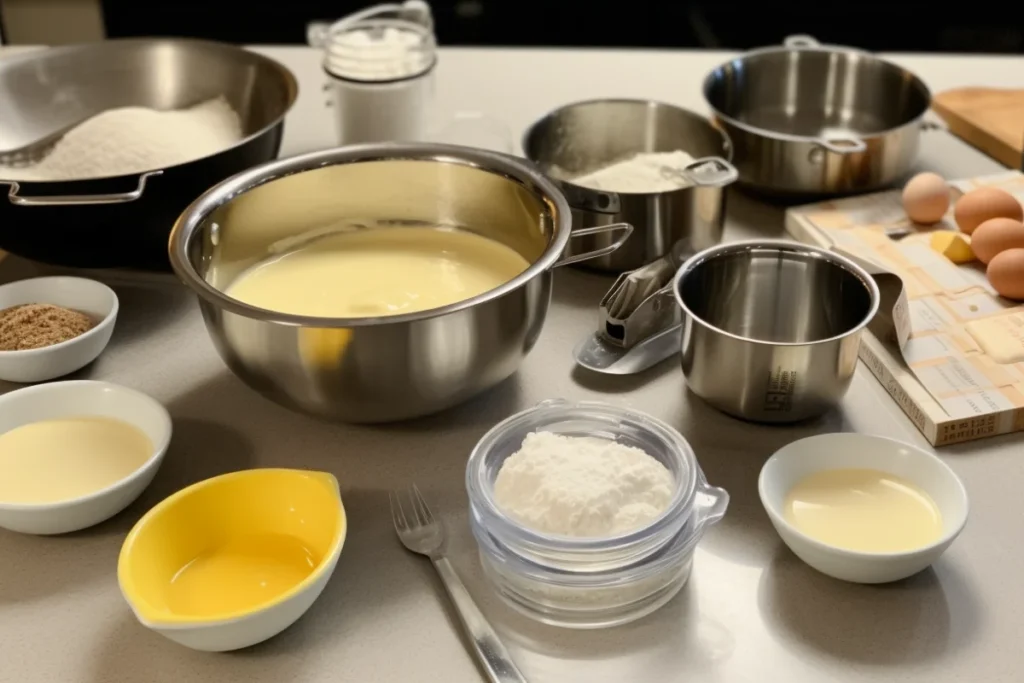 A close-up of neatly arranged ingredients for making a dump cake, including flour, sugar, eggs, butter, and milk.