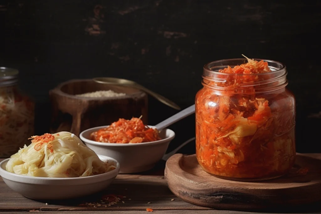 Homemade sauerkraut and kimchi with fresh ingredients on a rustic table.