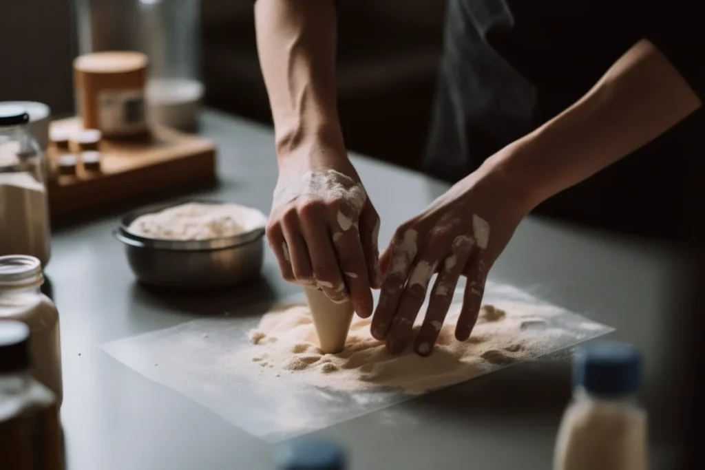  Baker adding water to crumbly pie dough with tools and ingredients nearby for troubleshooting.